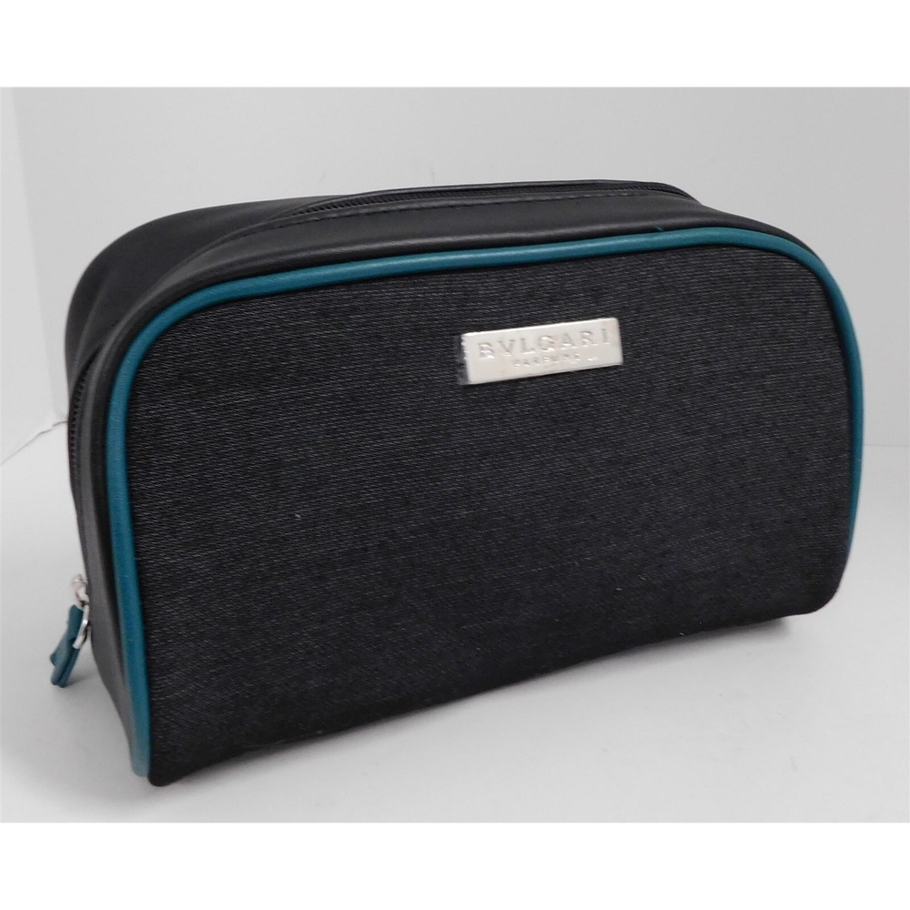 New Bvlgari Parfums Gray Teal Canvas Silver Hardware Toiletry Zip Travel Case